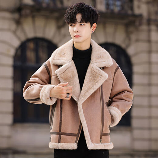Falling fur all-in-one men's jacket plus velvet thickened leather jacket winter suede lambskin jacket large size couple motorcycle jacket light brown 3XL