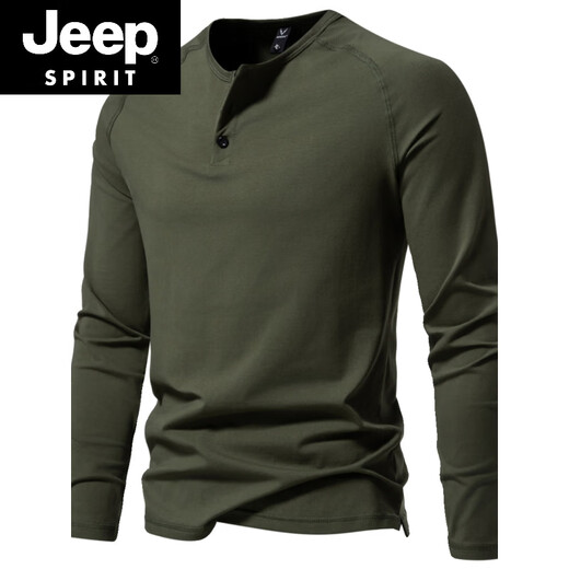 JEEP SPIRIT Jeep Autumn Men's Pure Cotton Henry Collar Long Sleeve T-Shirt Youth Simple Elastic Slim Solid Color Versatile Bottoming Shirt Army Green M (100Jin Jin is equal to 0.5kg -115Jin Jin is equal to 0.5kg)
