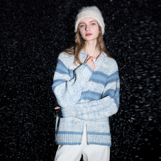 Sancai 2025 winter new style lapel raglan sleeve cardigan loose thick needle striped sweater casual M