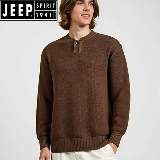 JEEP SPIRIT autumn and winter retro lazy style Henry collar sweater men's loose casual versatile knitted bottoming shirt thickened warm top camel S