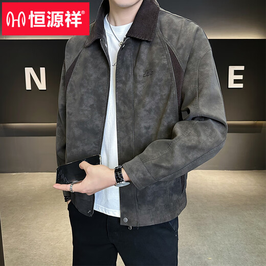 Hengyuanxiang Leather Jacket Men's Spring and Autumn 2026 New Lapel Fashion Brand Style Splicing Men's American Retro Leather Jacket Green XL