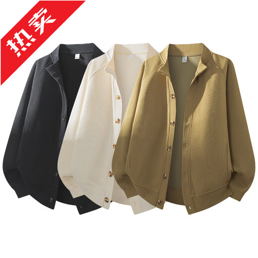 GOLDLION G+ Retro Waffle Cardigan Jacket Men's 2025 Autumn New Japanese Henley Collar Loose Sweatshirt Clip Fashion Black M