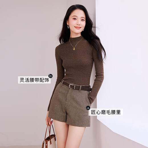Xiangying coffee color a-line woolen shorts for women 2025 winter new style with wool retro high-waisted houndstooth wide-leg pants coffee color S 155/80A/85-95Jin Jin equals 0.5 kg