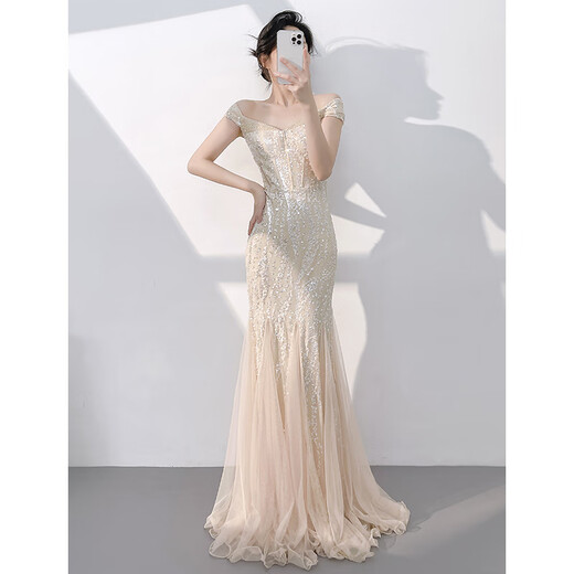 ACJK champagne color evening dress for women 2025 new style, stunning temperament, host one-shoulder fishtail sequined long dress champagne color_ready in stock L