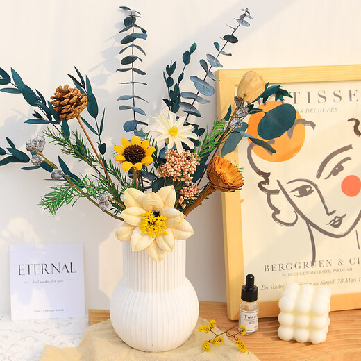 High-end dried flower bouquet, real flowers, immortal flowers, living room decorations, coffee table, entrance hall, bedroom, light luxury decoration, simple setting sun, broken dreams + leather vase