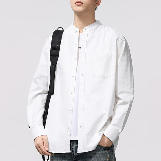 GOLDLION G+2025 retro Oxford henley collar shirt men's long-sleeved spring and autumn new stand-up collar color skin-friendly loose shirt white M