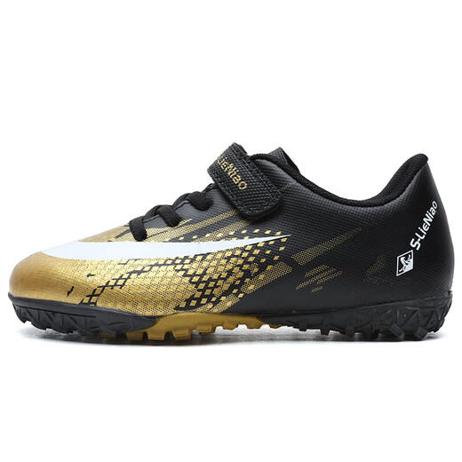 Irving leads the way in lace-free children's football shoes for men and women with broken nails TF artificial grass for teenagers and primary school students with Velcro ratio black gold broken nails 36