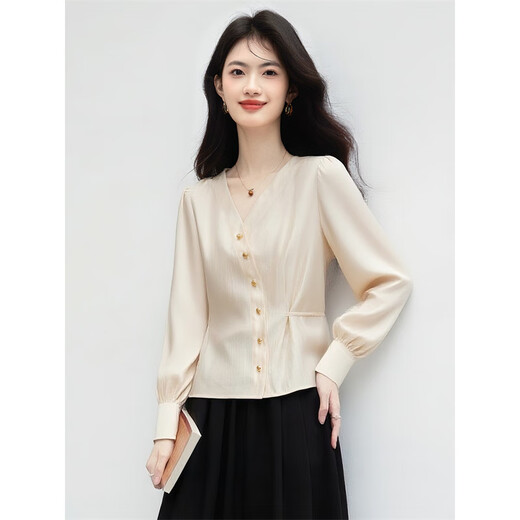 Xinfeiyu French style small fragrant style long-sleeved shirt for women 2025 autumn new V-neck metal embellished straight splicing top