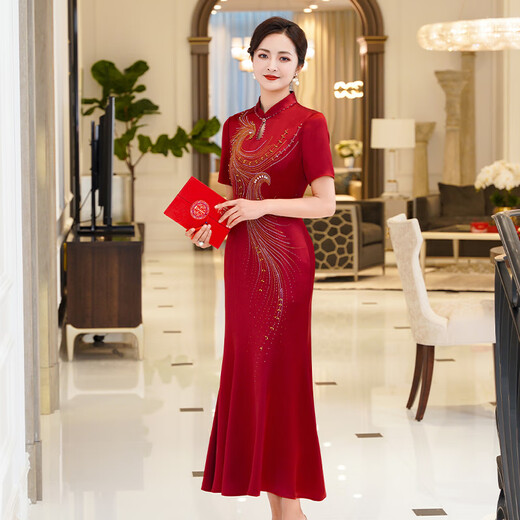 Fumini high-end mother-in-law wedding evening dress dignified and high-end mother-in-law mother-in-law 2026 new dress burgundy L