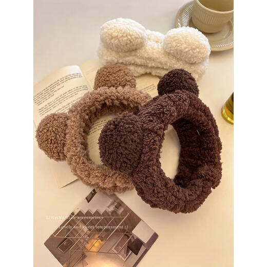 Hua Mu Rong Cute Bear Ears Face Wash Headband 2025 New Winter Plush Headband Washing Non-Slip Headband Hair Accessory Brown Bear Ears Headband
