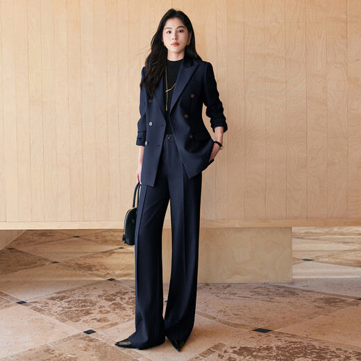BAFEIYA goddess style big-brand professional commuting versatile suit for women high-end western style slim slim suit two-piece suit navy long-sleeved suit + wide-leg pants 2XL