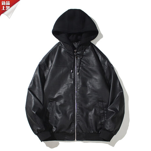HKWZ Men's Hooded PU Leather Jacket Motorcycle Hooded Men's Youth Leather Jacket Cotton Spring Autumn Thickened Jacket Leather Jacket Cotton Style Black 2XL