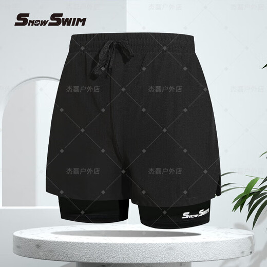 Herren-Badehose für Erwachsene, schnell trocknend, doppellagig, flacher Winkel, anti-peinlich, Thermalbadeanzug-Ausrüstung, schwarze Einzelhose, doppellagig, blau (Reißverschluss-Stil) + PU-Kappe + galvanisierte Schwimmbrille 2XL (empfohlen 150–175 Jin Jin entspricht 0,5 kg)