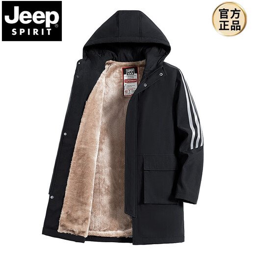 JEEP SPIRIT spring, autumn and winter thickened large size windbreaker men's medium-length coat loose thin velvet trendy fat casual coat new style men's black (plus velvet and thickened) 6XL 225-244Jin Jin equals 0.5 kg