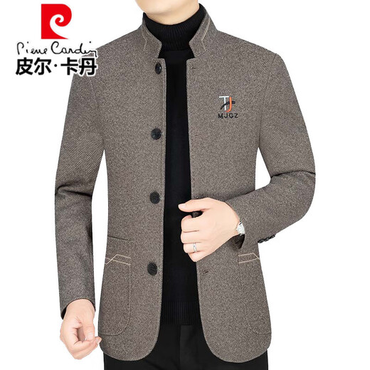 Pierre Cardin high-end woolen jacket men's spring and autumn new business casual stand-up collar tunic daddy top 5206F coffee color and cotton XL 180 suitable for 135--155Jin Jin equals 0.5 kg
