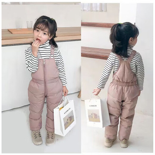 Warm winter children's down cotton overalls for boys and girls, zippered crotch jumpsuit for babies aged 1-3 years old, winter outer wear, light red 100 cm