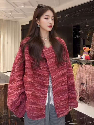 Xiaohongshu's popular designer high-definition wool special yarn fashionable small fragrance jacket for women 2025 autumn and winter loose and revealing blue green S one size fits all
