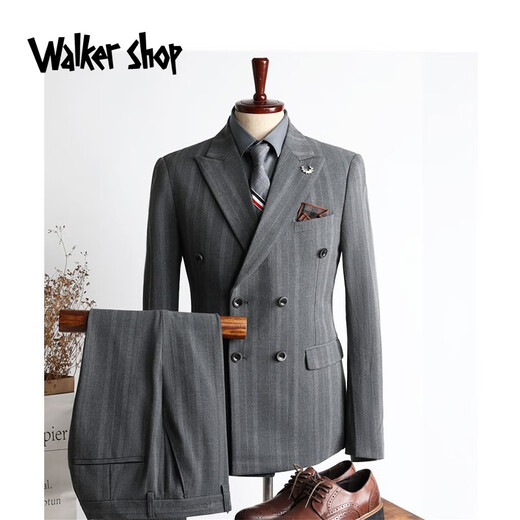 Walker Shop suit suit men's double-breasted suit autumn groom wedding wedding custom dress striped formal three-piece suit medium gray two-piece suit M