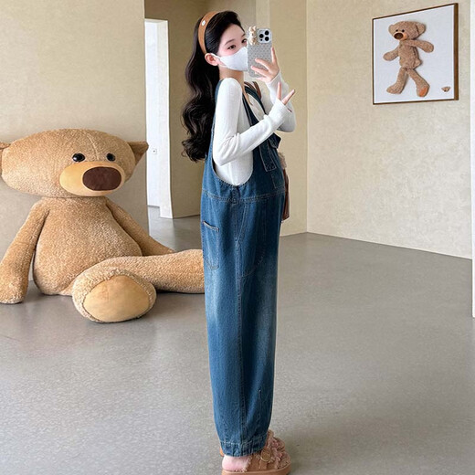 Ailanting's new autumn and winter pure cotton denim overalls for pregnant women, loose wide-leg overalls, slimming knitted V-neck tops, 2 sets, blue single-piece overalls L recommended 115-130 Jin Jin equals 0.5 kg