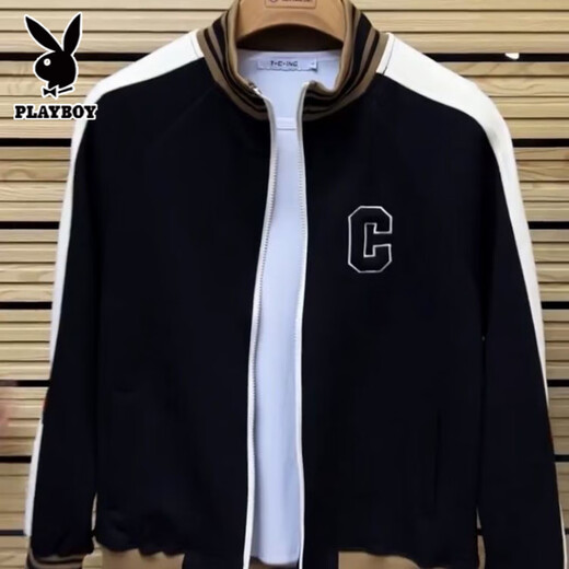 Playboy Spring and Autumn New Light Luxury Versatile Sports and Leisure Suit Men's Letter C Stand Collar Jacket Fashionable and Handsome Two-piece Set Black Complete Set 2XL 110-130Jin Jin is equal to 0.5 kg
