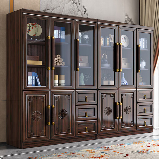 Lanxuan ebony wood solid wood bookcase combination home study floor-to-ceiling glass door storage cabinet office file filing cabinet ebony wood three-door bookcase