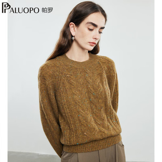 PALUOPO pure cashmere women's autumn and winter new round neck pullover sweater casual cable knit sweater ET2F8072R red brown color S 155/95