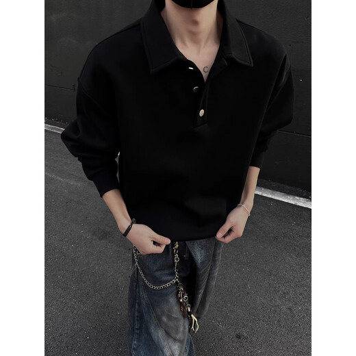 Cleanfit Henry collar sweatshirt men's spring and autumn American retro polo shirt handsome trendy loose long-sleeved inner wear black M