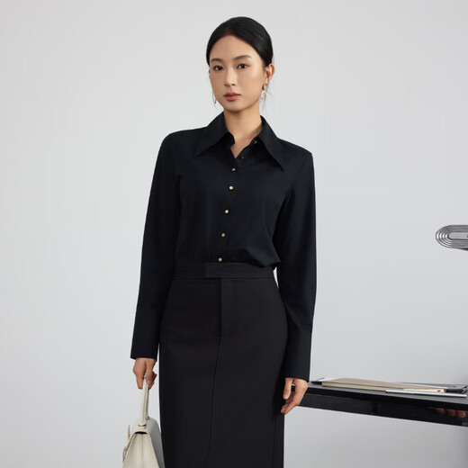 DEGRE ZERO Women's Long Sleeve Shirt Slim Fit Large Peak Collar Solid Color Commuting Fashion Shirt Stretch 2025 Autumn Black Large Peak Collar Gold Edge Pearl Button L (165/88A)