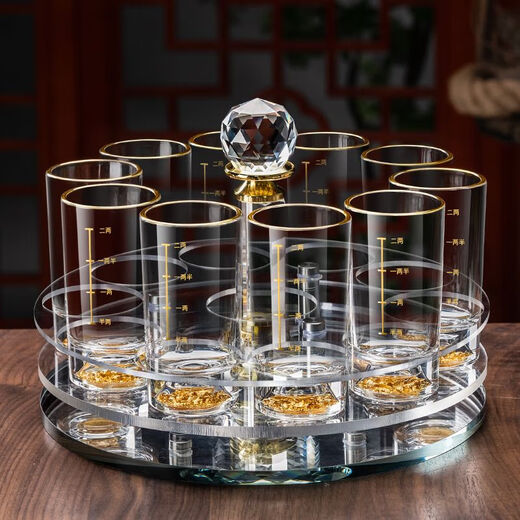 Creative crystal glass two-liang white cup homeware set light luxury gold foil one-liang strong cup Chinese style flowing gold foil crystal two-liang cup 12 pieces + 12 hole cup holder