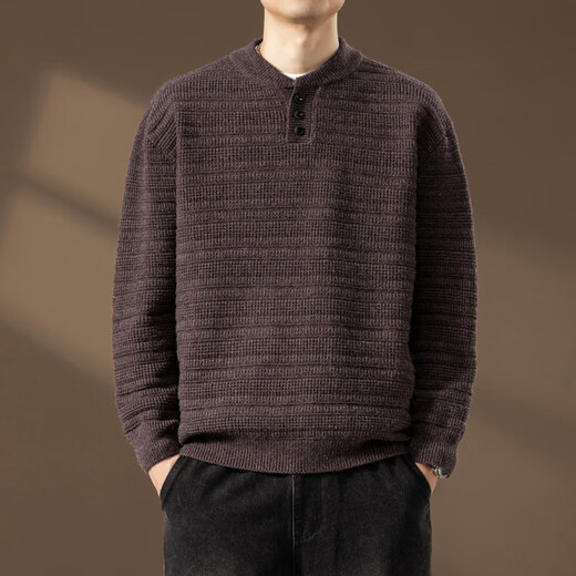 Zimei American retro Henry collar sweater for men in autumn and winter thickened jacquard loose casual sweater for men, brown M _115Jin Jin is equal to within 0.5 kg