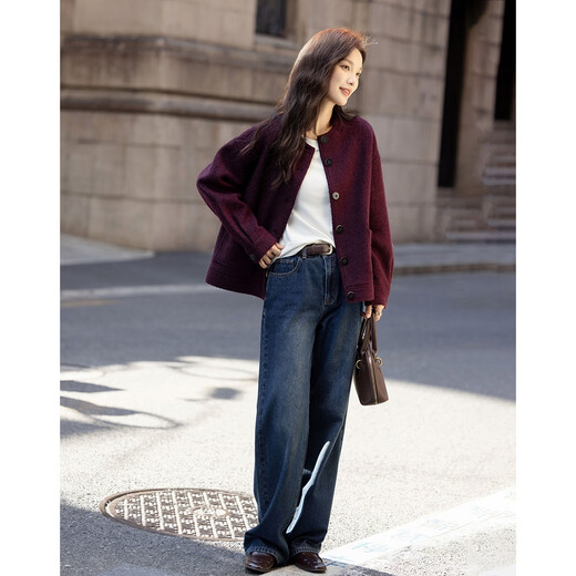 Demana Texture Code Winter Warm Sheep Wool Blended Round Neck Box-Type Large Pockets Thick Loose Women's Jacket