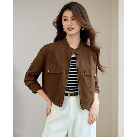 TERRE BLEUE Casual Work Jacket 2025 Spring and Autumn New Product Small Stand Collar Suede Short Jacket Women Brown S