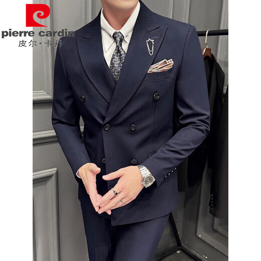 Pierre Cardin yarn-dyed dark striped double-breasted suit for men, Korean style slim and crisp business formal wedding suit, three-piece suit, medium gray (single suit) 3XL