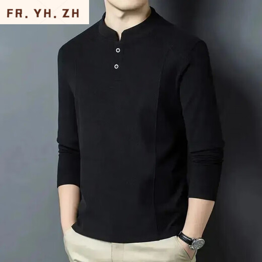 FR.YH.ZH Xuexi Clothing Men's Autumn and Winter Double-sided German Velvet Bottoming Shirt Men's Henley Collar Long Sleeve Stand Collar Sweater Fashion Black 2XL 150-165Jin Jin is equal to 0.5 kg