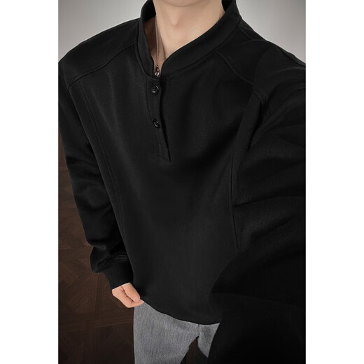 OEMG Heavy Henley Collar Velvet Thickened Sweater Men's Autumn and Winter American Trendy Brand Hoodie Top Versatile Jacket HW25884 Black XL Recommended 110-130Jin Jin equals 0.5kg