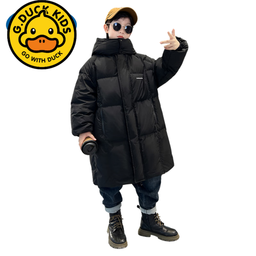 G.duck Children's Boys' Winter Cotton Clothes 2024 New Medium and Large Children's Winter Thickened Cotton Jackets Trendy Brand Medium and Long Down Cotton Jackets Black 120 cm