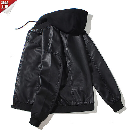 HKWZ Men's Hooded PU Leather Jacket Motorcycle Hooded Men's Youth Leather Jacket Cotton Spring Autumn Thickened Jacket Leather Jacket Cotton Style Black 2XL