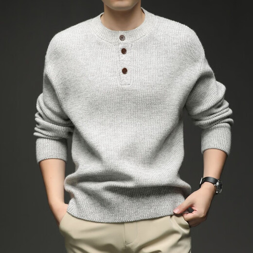 Playboy (PLAYBOY) spring and autumn men's thick knit sweater thick round neck sweater Henry collar three-button pullover sweater for men high-end MJ8523 light gray M /165/105