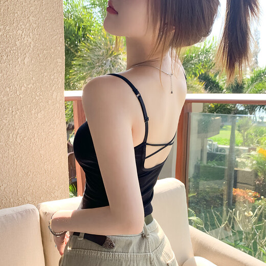 Beautiful back sling new hot style women's inner wear black vest outer wear with chest pad bottoming seaside top summer black S