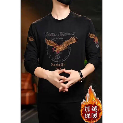 Autumn and winter new men's European high-quality velvet warm fashion round neck long-sleeved sweatshirt bottoming shirt xy black (velvet thickened and warm) 2XL 130-145Jin Jin equals 0.5 kg