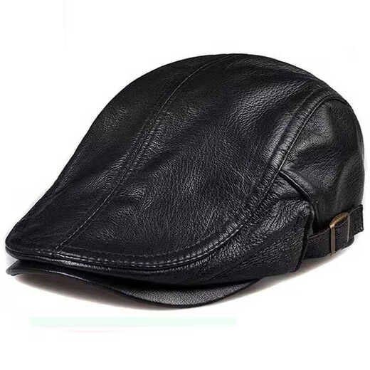 Sheepskin beret thin peaked cap men's Korean style old man's forward cap warm leather hat women's autumn and winter versatile single style black leather one size adjustable (55-60cm)