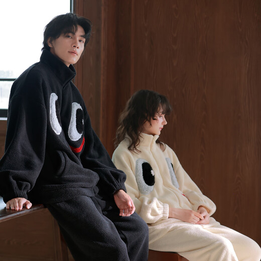 Princess Mark High Collar Zipper Couple Pajamas for Women Autumn and Winter Cute Funny Coral Velvet Wearable Home Clothes for Men QHR06132-Sparkling Eyes Couple Women's L