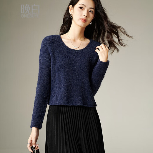 Late White 2025 Winter Premium Casual Sweater Temperament Loose Round Neck Wool Solid Color Sweater Women Dark Blue L