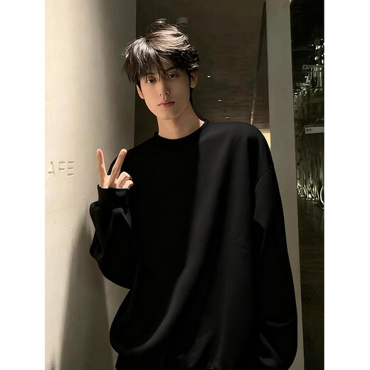 Katuchi cleanfit black heavyweight round neck sweatshirt men's autumn American retro handsome long-sleeved inner bottoming shirt top black XL