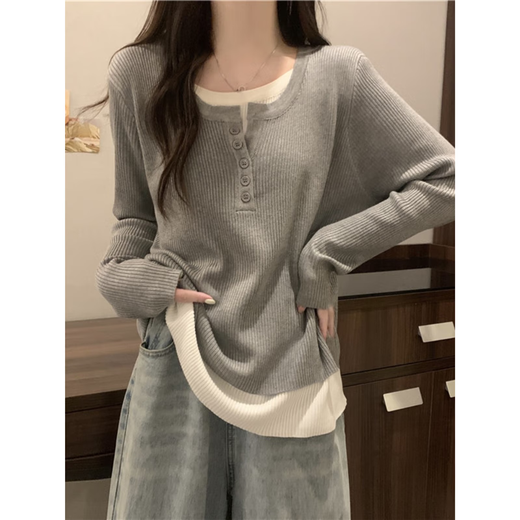 Plus size women's right shoulder fake two-piece top spring and autumn new fat mm slim long-sleeved T-shirt for women with inner layering shirt for women Gray M 99-115Jin Jin is equal to 0.5 kg Select