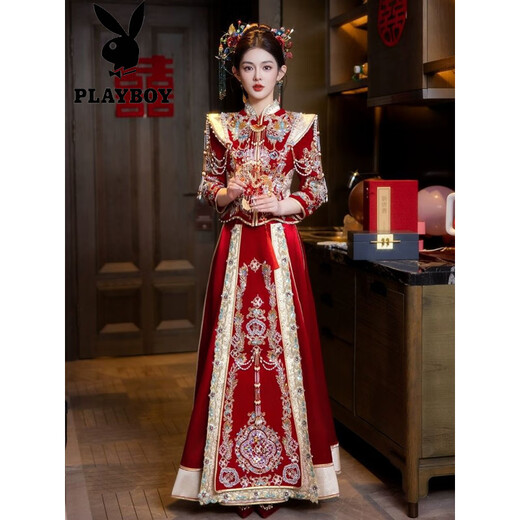 Playboy (PLAYBOY) velvet bridal Xiuhe suit 2025 new Chinese wedding dress out of the pavilion wedding toast dress slim wedding dress petite LT2025 official flagship version S