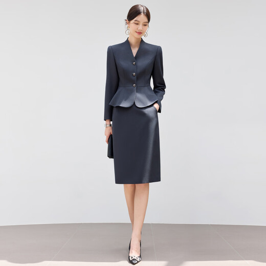 黛维亚2025新青灰色西装套裙女秋气质显瘦酒店前台接待工服珠宝店职业装 藏青色西服+半裙 XL