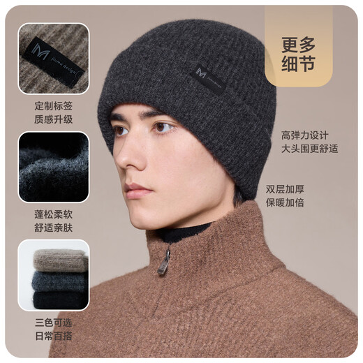 JIUMU cashmere large head circumference warm woolen hat autumn and winter wool knitted hat cold hat winter hat pile hat cold protection hat for men