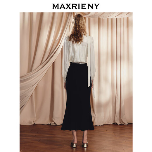 MAXRIENY【商场同款】华贵千金风蝴蝶结飘带蕾丝拼接醋酸缎面衬衫 奶油色 S