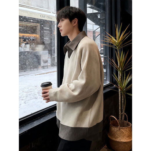 NYING fake two-piece Henry collar sweater for men in autumn and winter new trendy brand lapel sweater thickened warm inner base layer black XL (125-140Jin Jin equals 0.5kg)